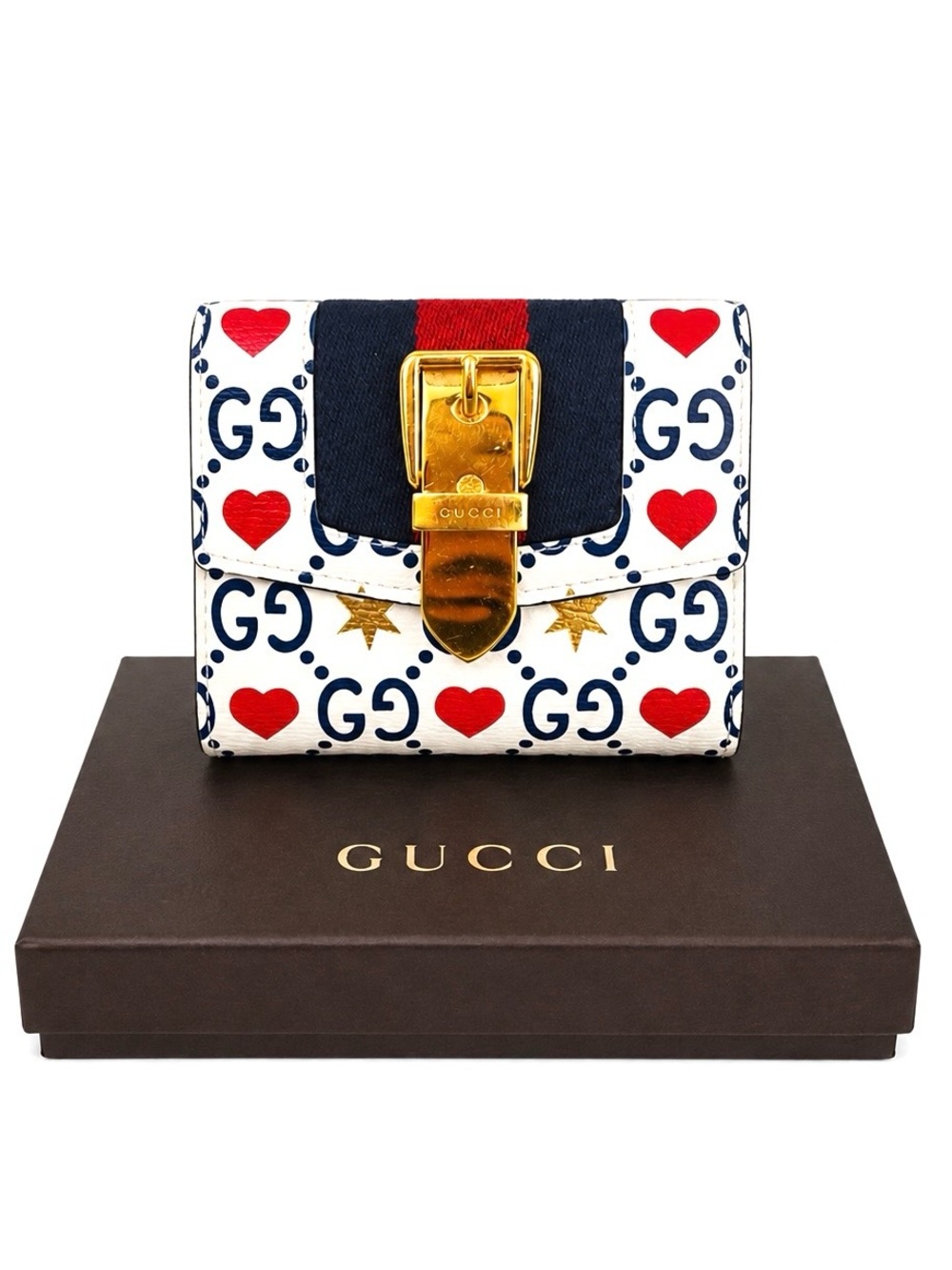 Gucci GG Supreme Special Edition White and Red Heart Print Sylvie Compact Wallet
